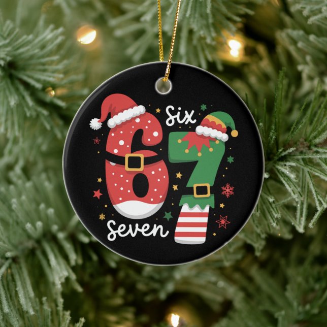 67 Meme Six Seven Elf Christmas Santa Hat Ceramic Tree Decoration (Tree)