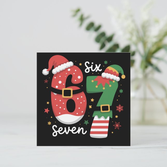 67 Meme Six Seven Elf Christmas Santa Hat Holiday Card (Standing Front)