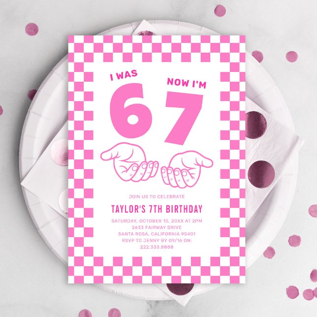 67 Meme Trend Pink Kids 7th Birthday Party Invitation (Creator Uploaded)