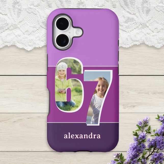 67 Six Seven Numbers Purple Custom Photos (A purple color block phone case with custom photos in the numbers 6 and 7 and personalized name)