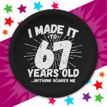 67 Year Old Sarcastic Meme Funny 67th Birthday Paper Plate<br><div class="desc">This funny 67th birthday design makes a great sarcastic humour joke or novelty gag gift for a 67 year old birthday theme or surprise 67th birthday party! Features 'I Made it to 67 Years Old... Nothing Scares Me' funny 67th birthday meme that will get lots of laughs from family, friends,...</div>