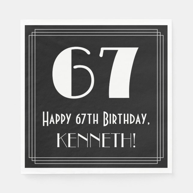 67th Birthday ~ Art Deco Inspired Look "67", Name Napkin (Front)
