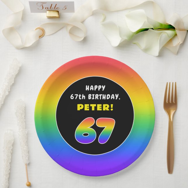 67th Birthday: Colorful Rainbow # 67, Custom Name Paper Plate (Wedding)