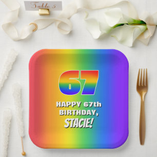 67th Birthday: Colourful, Fun Rainbow Pattern # 67 Paper Plate