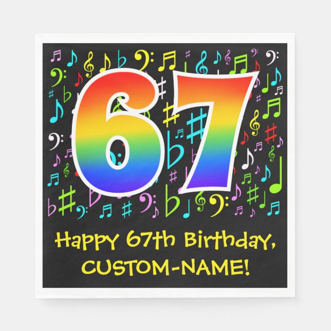 67th Birthday - Colourful Music Symbols, Rainbow 6 Napkin (Front)