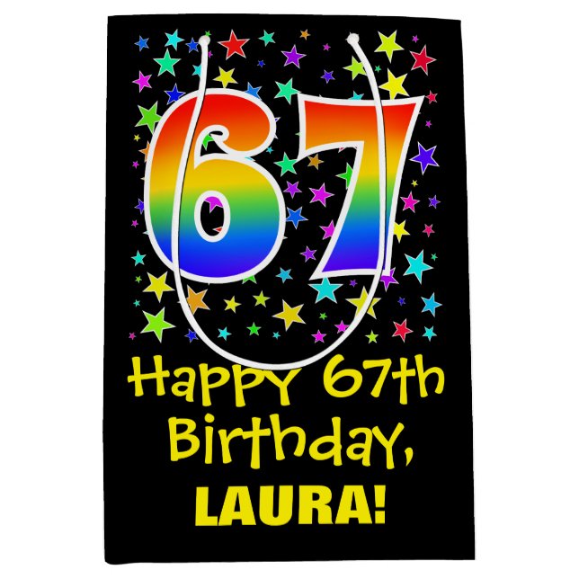 67th Birthday: Colourful Stars Pattern & Rainbow 6 Medium Gift Bag (Front)