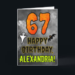 67th Birthday: Eerie Halloween Theme   Custom Name Card<br><div class="desc">The front of this spooky and scary Halloween themed birthday greeting card design features a large number “67”. It also features the message “HAPPY BIRTHDAY, ”, and a personalised name. There are also depictions of a bat and a ghost on the front. The inside features a customised birthday greeting message,...</div>