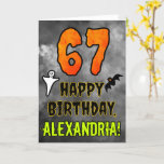 67th Birthday: Eerie Halloween Theme   Custom Name Card<br><div class="desc">The front of this spooky and scary Halloween themed birthday greeting card design features a large number “67”. It also features the message “HAPPY BIRTHDAY, ”, and a personalised name. There are also depictions of a bat and a ghost on the front. The inside features a customised birthday greeting message,...</div>