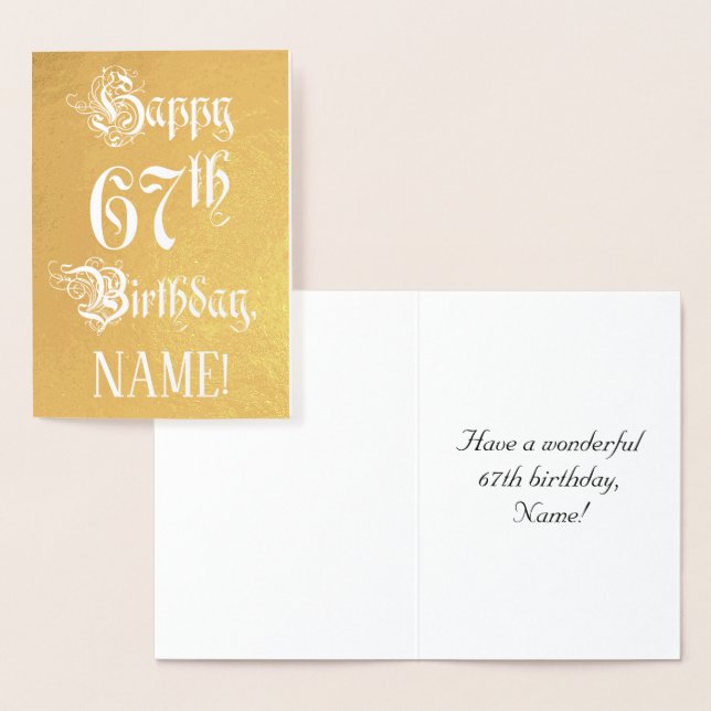 67th Birthday: Elegant, Ornate Script; Custom Name Foil Card (Display)