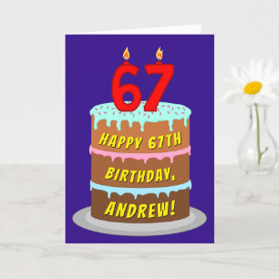 67th Birthday: Fun Cake and Candles + Custom Name Card