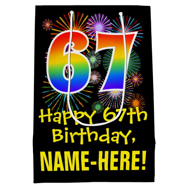 67th Birthday: Fun Fireworks Pattern + Rainbow 67 Medium Gift Bag (Back)
