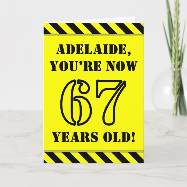 67th Birthday: Fun Stencil Style Text, Custom Name Card (Front)