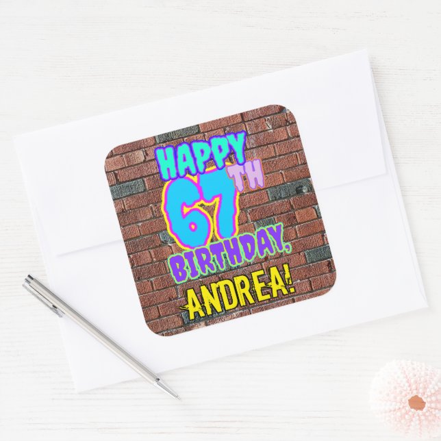67th Birthday – Fun, Urban Graffiti Inspired Look Square Sticker (Envelope)