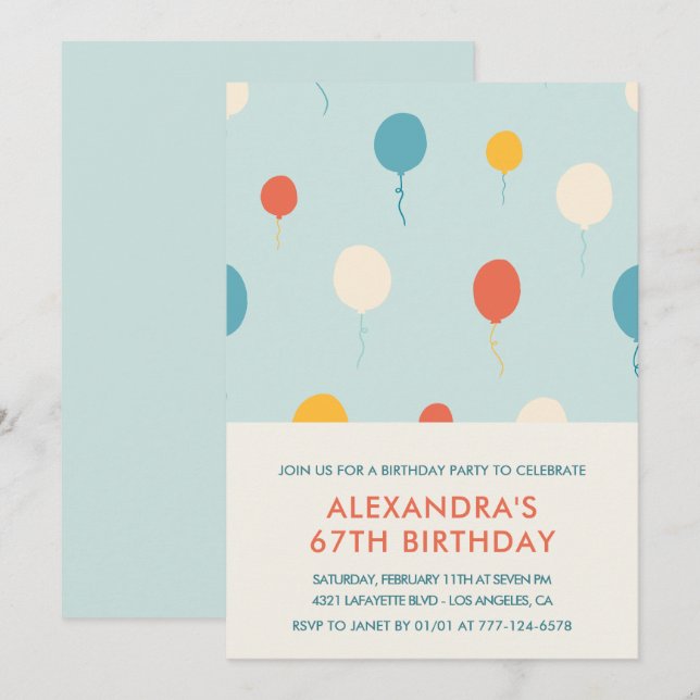 67th birthday invitations Balloons Blue (Front/Back)