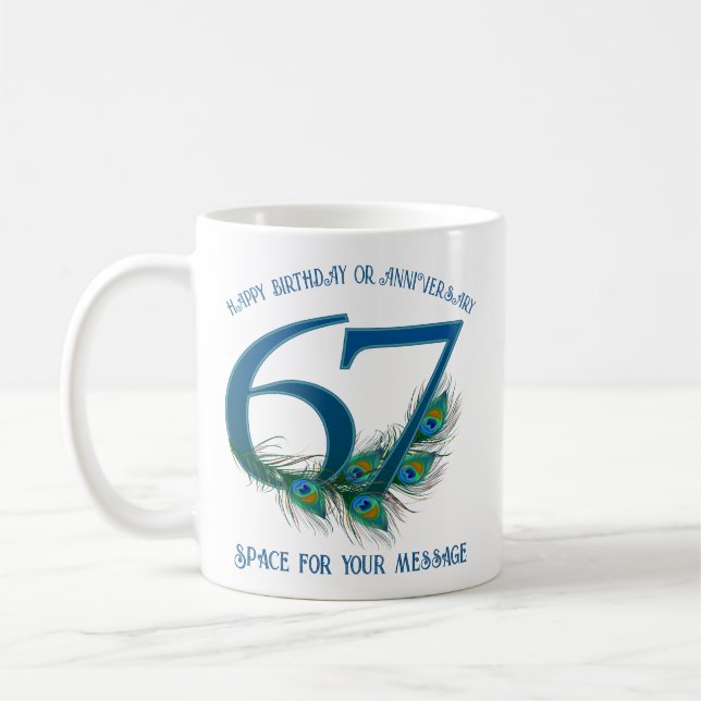 67th Birthday Or Anniversary Peacock Feather Coffee Mug (Left)