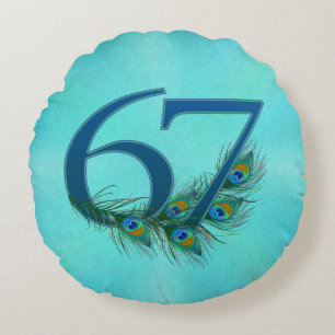 67th Birthday Or Anniversary Peacock Feather Round Cushion