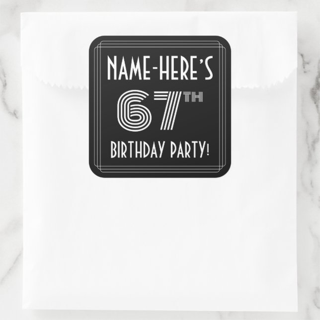 67th Birthday Party: Art Deco Style & Custom Name Square Sticker (Bag)