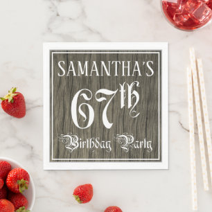 67th Birthday Party — Fancy Script, Faux Wood Look Napkin