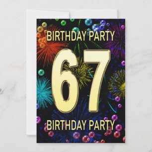 67th Birthday Party Invitation Fireworks Bubbles
