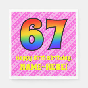 67th Birthday: Pink Stripes & Hearts, Rainbow # 67 Napkin