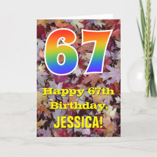 67th Birthday; Rustic Autumn Leaves; Rainbow "67" Card