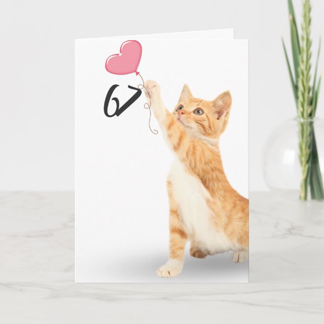 67th birthday tabby cat with heart balloon card (Front)