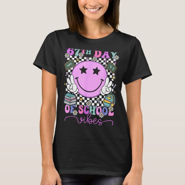67th Day Of School Vibes Groovy Retro 100 Days Of  T-Shirt (Front)
