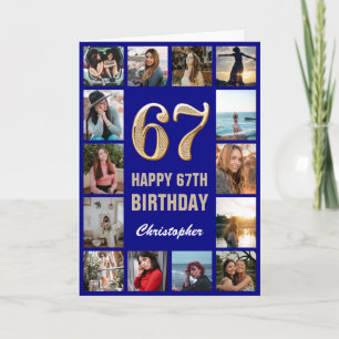 67th Happy Birthday Navy Blue & Gold Photo Collage Card