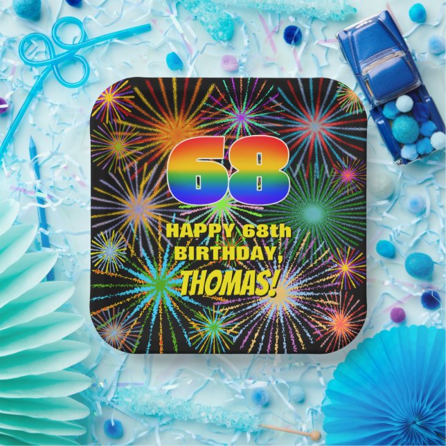 68th Birthday: Colourful, Fun Celebratory Firework Paper Plate (Party)