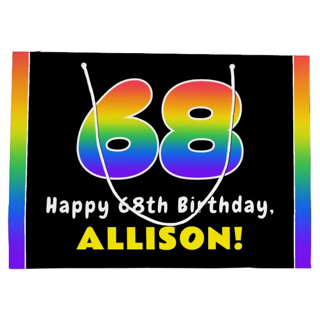 68th Birthday: Colourful Rainbow # 68, Custom Name Large Gift Bag (Back)
