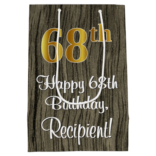 68th Birthday: Elegant Faux Gold Look #, Faux Wood Medium Gift Bag (Back)