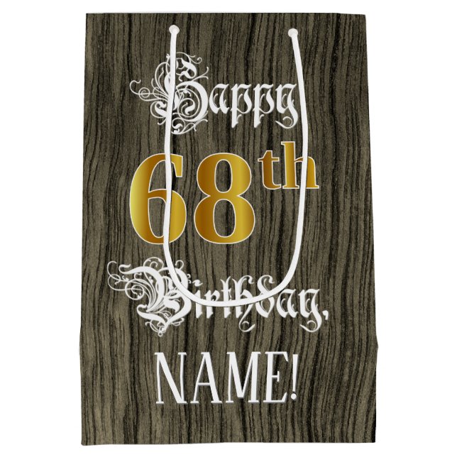 68th Birthday: Faux Gold Look & Faux Wood Pattern Medium Gift Bag (Back)