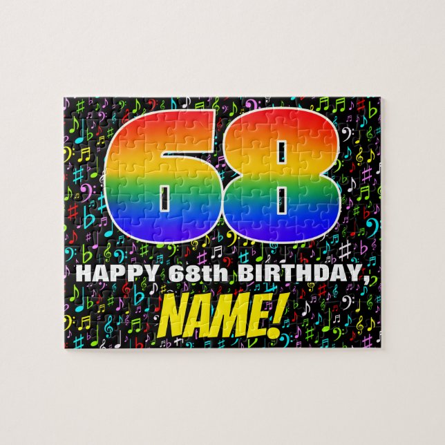 68th Birthday — Fun, Colourful Music Symbols & “68 Jigsaw Puzzle (Horizontal)