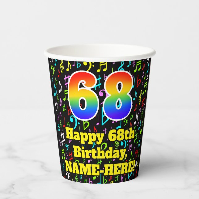 68th Birthday: Fun Music Notes Pattern, Rainbow 68 Paper Cups (Back)