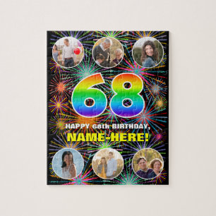 68th Birthday: Fun Rainbow #, Custom Name + Photos Jigsaw Puzzle