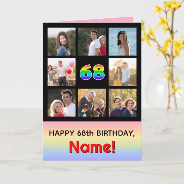 68th Birthday: Fun Rainbow #, Custom Photos + Name Card (Yellow Flower)