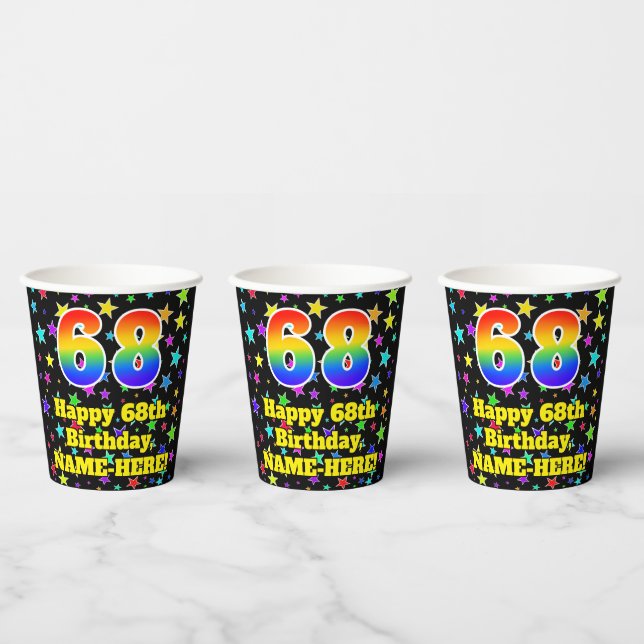 68th Birthday: Fun Stars Pattern and Rainbow 68 Paper Cups (Multi)