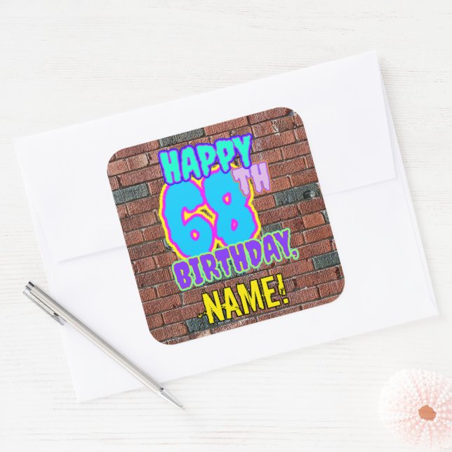 68th Birthday – Fun, Urban Graffiti Inspired Look Square Sticker (Envelope)