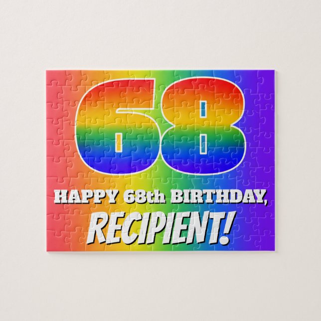 68th Birthday — Multicolored Rainbow Pattern “68” Jigsaw Puzzle (Horizontal)