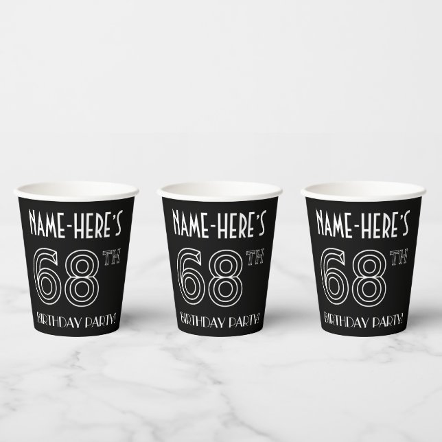 68th Birthday Party: Art Deco Style + Custom Name Paper Cups (Multi)
