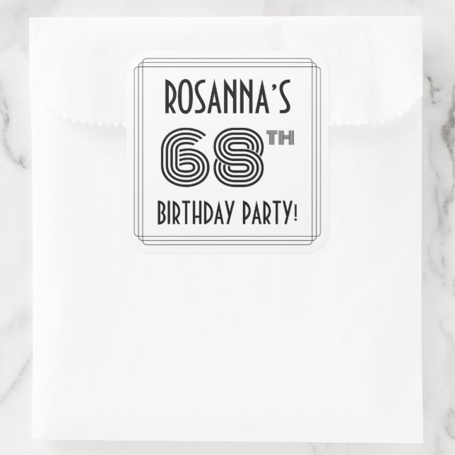 68th Birthday Party: Art Deco Style + Custom Name Square Sticker (Bag)