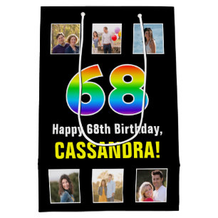 68th Birthday: Rainbow “68“, Custom Photos & Name Medium Gift Bag