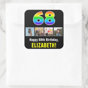 68th Birthday: Rainbow “68”; Custom Photos & Name Square Sticker