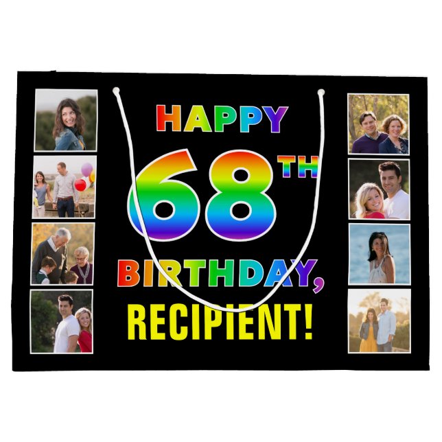 68th Birthday: Rainbow Text, Custom Photos & Name Large Gift Bag (Back)