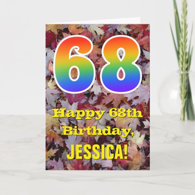 68th Birthday; Rustic Autumn Leaves Rainbow "68" Card (Front)