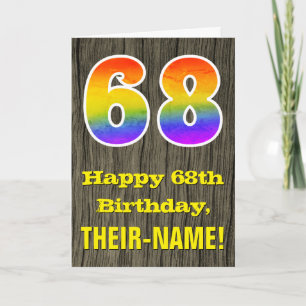 68th Birthday: Rustic Faux Wood Look, Rainbow "68" Card