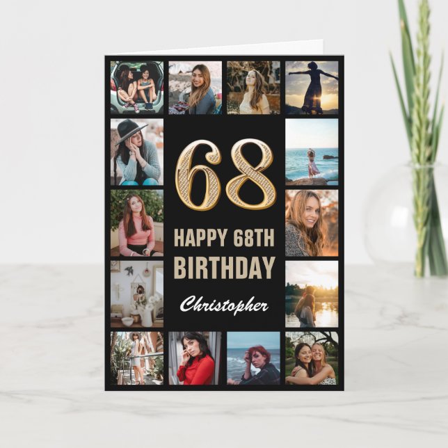 68th Happy Birthday Black and Gold Photo Collage Card (Front)
