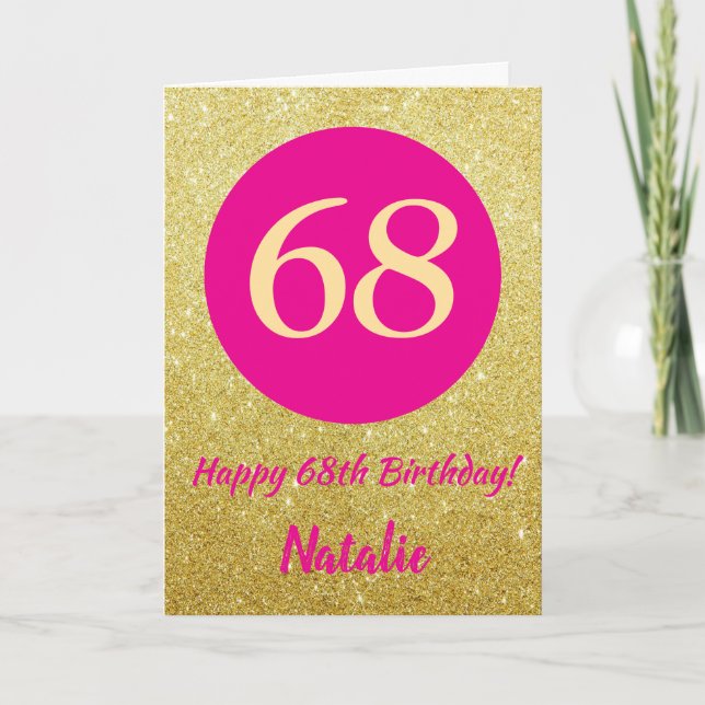 68th Happy Birthday Hot Pink and Gold Glitter Card (Front)