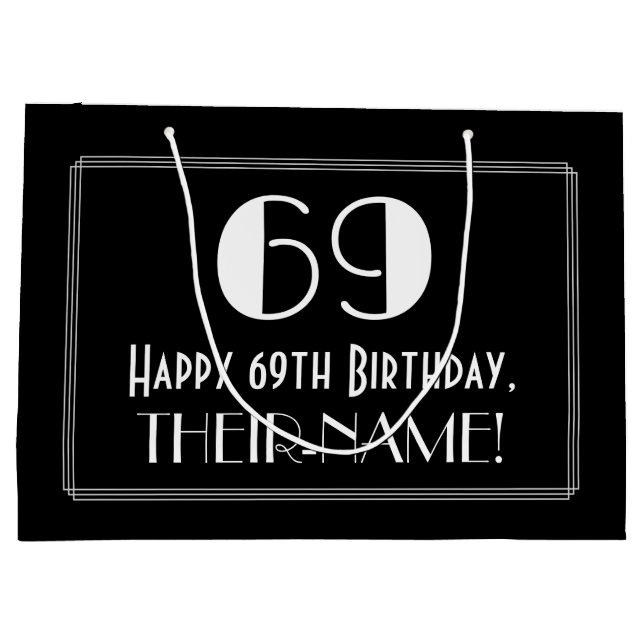 69th Birthday: Art Deco Inspired Style "69", Name Large Gift Bag (Back)