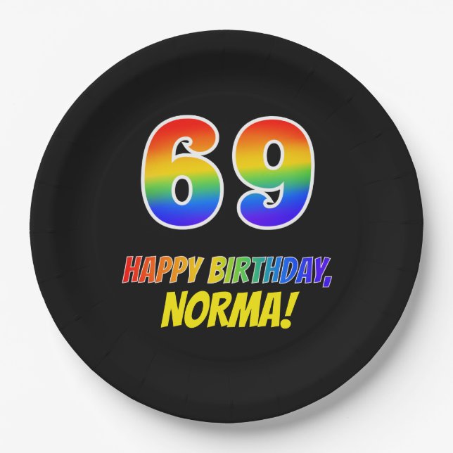 69th Birthday: Bold, Fun, Simple, Rainbow 69 Paper Plate (Front)